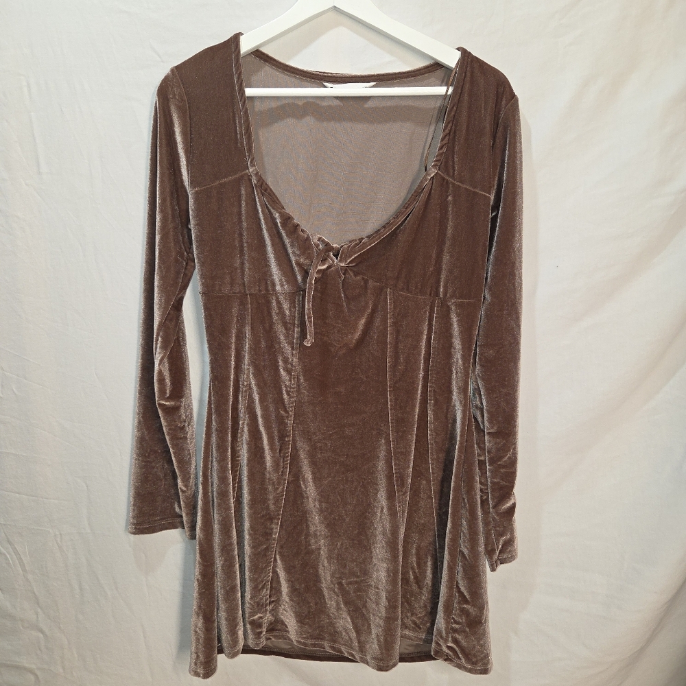 Y2k Crushed Velvet Brown 90s Babydoll Dress Neck Tie Sz XL Fall Boho Whimsigoth